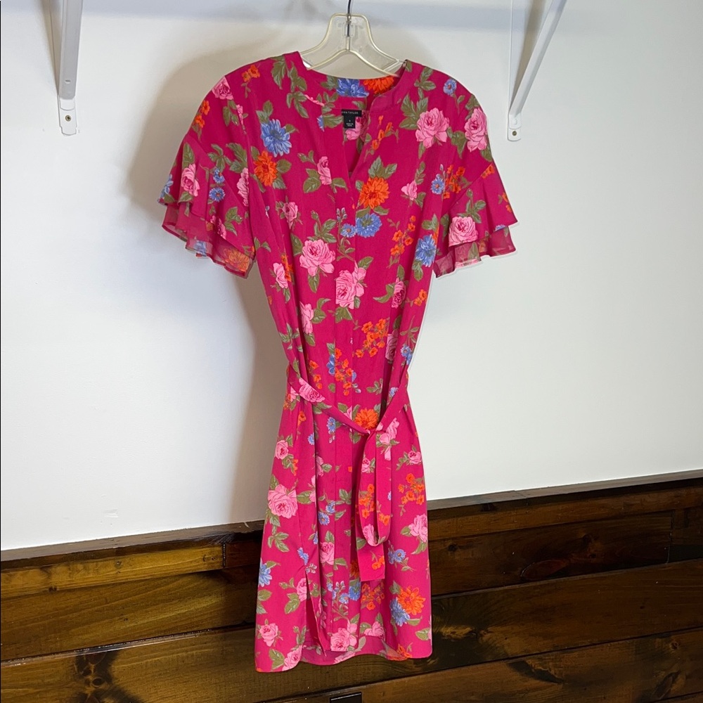 Ann Taylor Vibrant Pink Floral Dress with Tie Belt- S